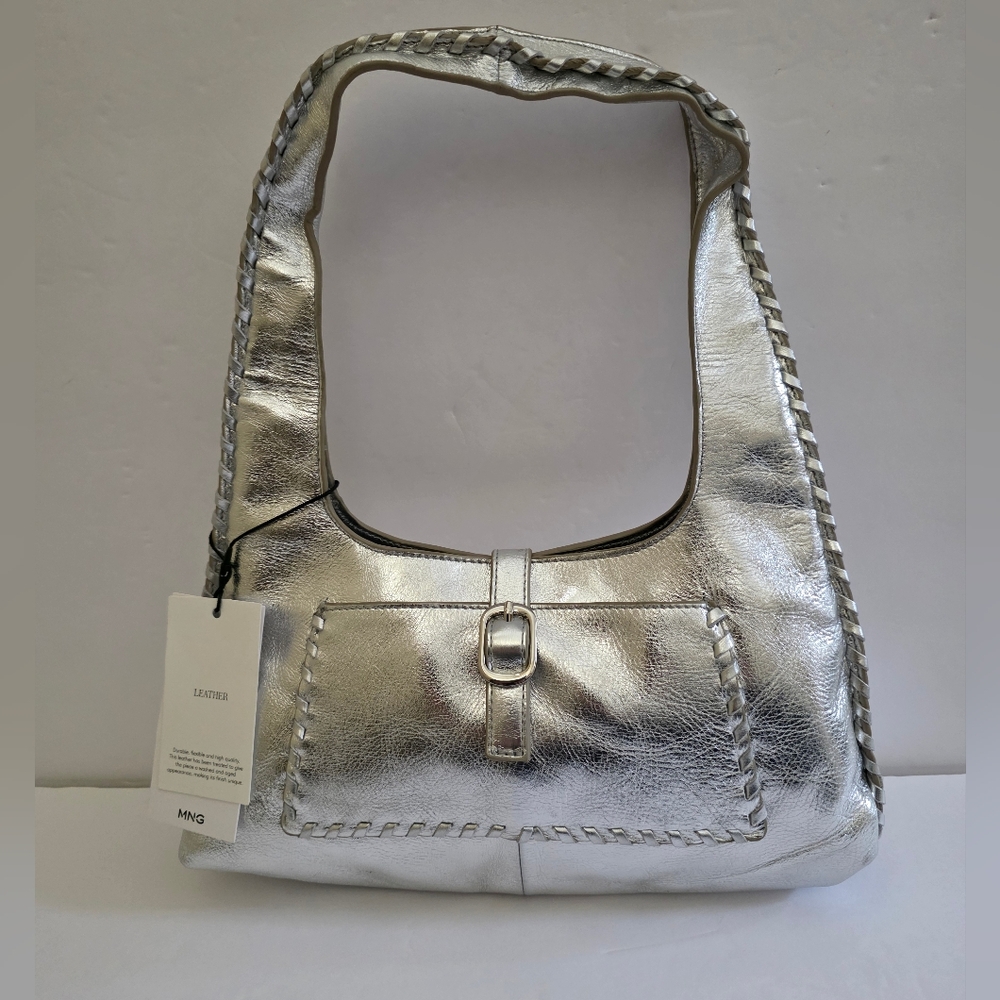 Mango Women's Metallic Silver Leather Shoulder Bag